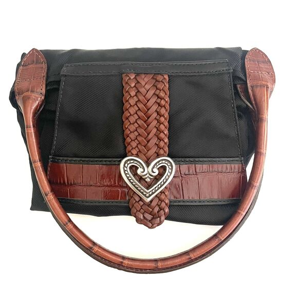 Brighton Silver Heart Brown Leather Handles Black Nylon Long Tote Bag - Picture 8 of 16